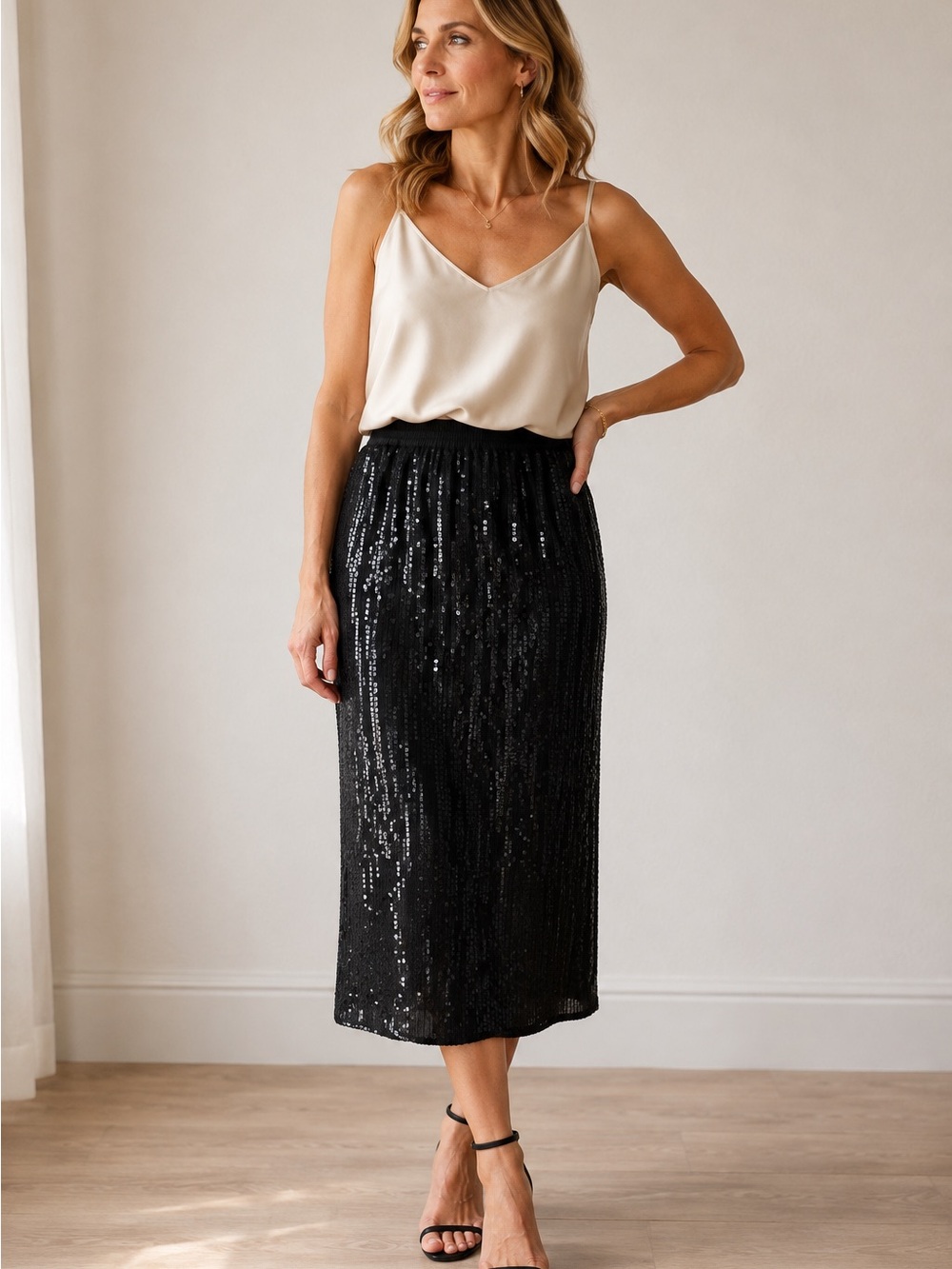 Rina Z New York Montreal Paris Vintage Pure Silk Black Sequin Midi Skirt Large